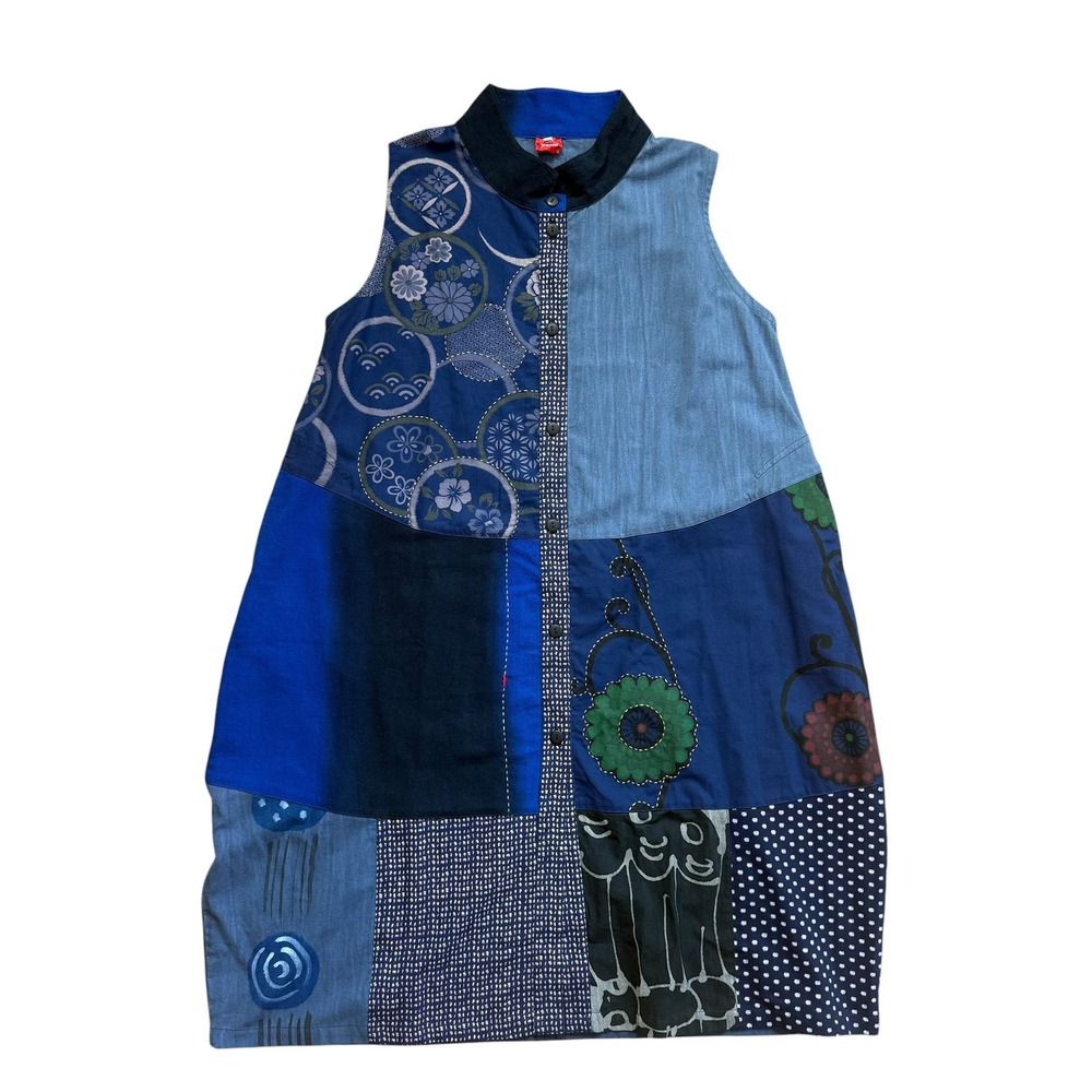 Yaza Eliana Dress Blue Patchwork Cotton Sleeveless Button Front Midi Womens L/XL - Picture 3 of 10
